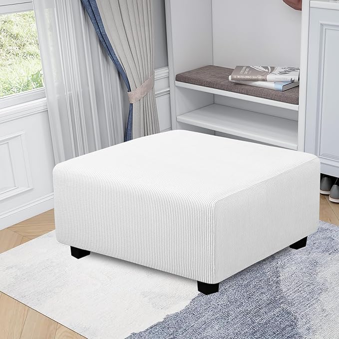 Easy-Going Stretch Square Ottoman Cover 40x40x15 inch Folding Storage Stool Furniture Protector Soft Rectangle slipcover with Elastic Bottom Snow White