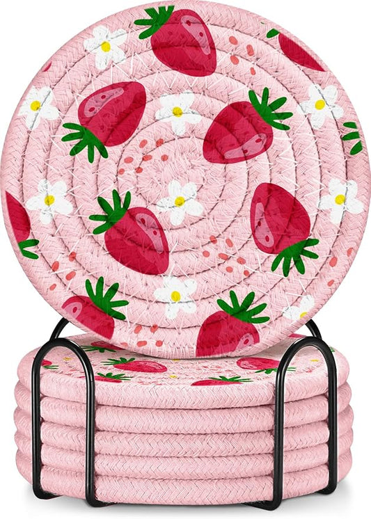 Cup Coasters for Drinks Absorbent - for Coffee Wooden Table Office Cute Farmhouse Outdoor Rustic Desk Kawaii Woven Women Kids Soft Cloth Braided Fabric Strawberry Coaster Set of 6 with Holder