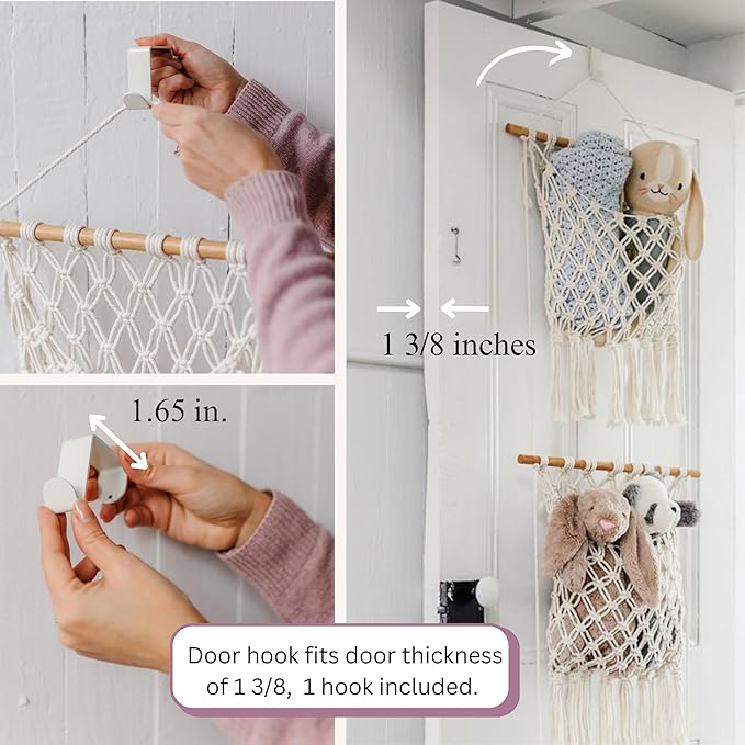 Sasa Macrame Over Door Organizer - 3-Tier Hanging Organizer with Canvas Pouch & Door Hook, Nursery Decor, Kid's Room, Playroom, Dorm, Storage for Stuffed Animals, Plushies, Blankets, Baby Essentials