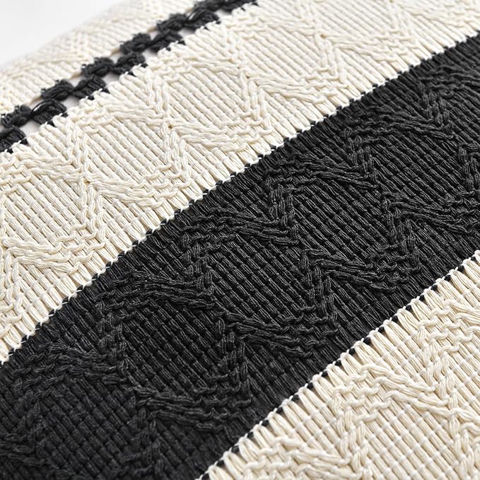 Fancy Homi Set of 2 Boho Black Lumbar Decorative Throw Pillow Cover 12x20 Inch for Couch Bed Sofa Chair, Modern Organic Farmhouse Home Decor, Soft Cotton Cute Accent Rectangle Cushion Case