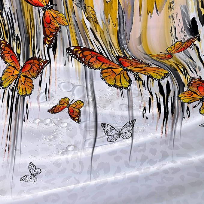 AILONEN Butterfly Shower Curtain for Bathroom Yellow Ink Fluid Painting Grey Leopard Bath Curtain 48" W*72" H Polyester Fabric Waterproof Bathroom Curtain with 12 Hooks
