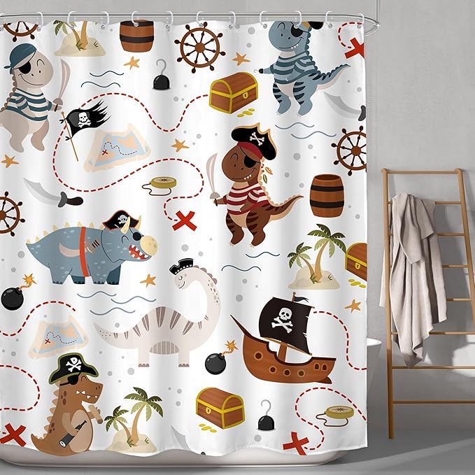 LGhtyro Kids Dinosaur Shower Curtain Bathroom Set 60Wx71H Inches Dino Pirate Boys Ship Cartoon Funny Nautical Sailboat Trex Raptor Bath Accessories Cute Animal Art Home Decor Fabric 12 Pack Hooks