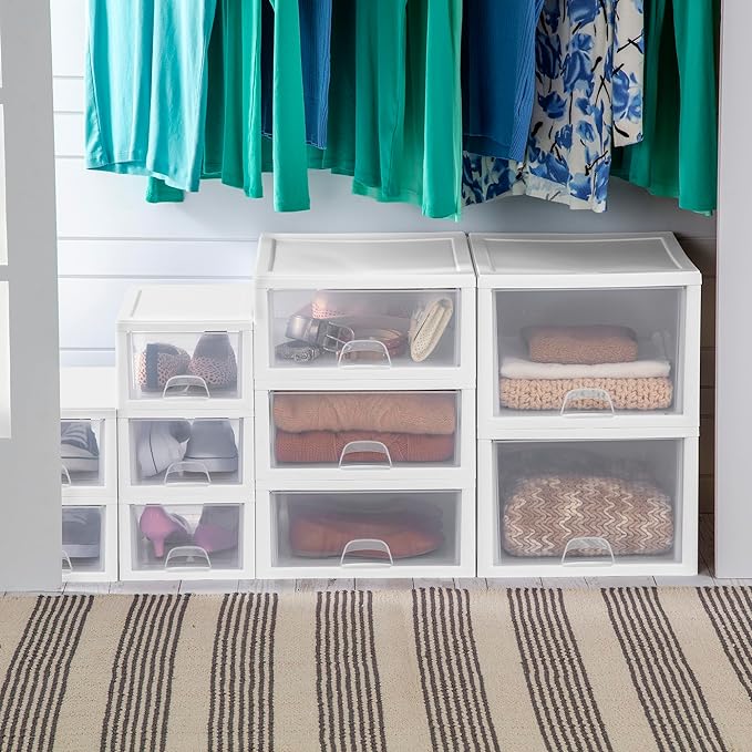 Sterilite 6-Pack 6 Quart Stacking Drawer, Clear Storage Closet Organizer, White Frame - Stackable Modular Plastic Drawers for Clothes, Accessories, Craft Supplies, Shoes or Linens