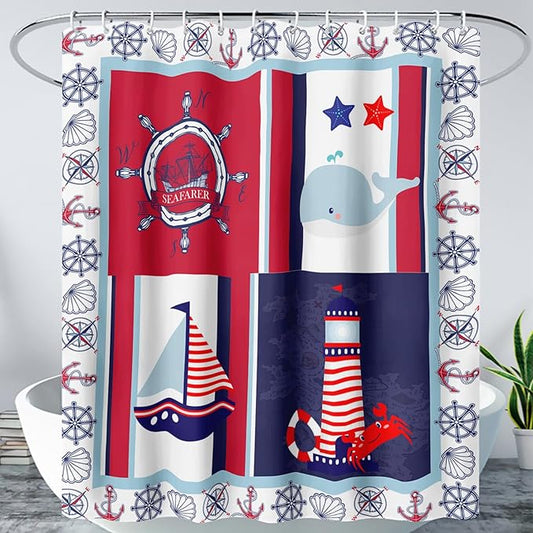 AILONEN Ocean Voyage Shower Curtain 72" W*84" H Coast Whale Lighthouse Rudder Ocean Animal Theme Bathroom Curtain,Teen Men Boys Curtain Polyester Waterproof Seafarer Bathroom Curtain with 12 Hooks