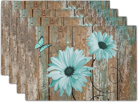 Giwawa Rustic Daisy Placemats Set of 4- Teal Sunflowers on Vintage Wood Board Linen Place Mat- Farmhouse Wooden Non Slip Heat Resistant Table Mats for Dining Kitchen Cabin Lodge Decor