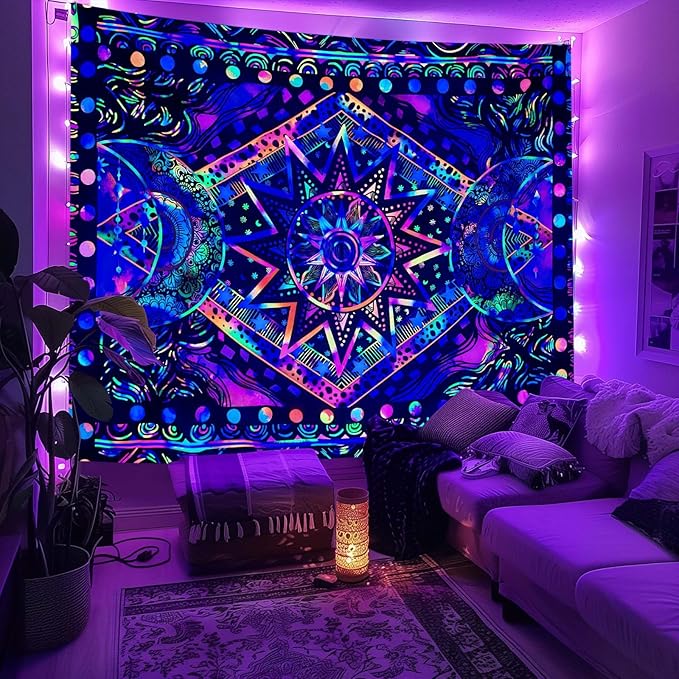 Blacklight Sun and Moon Tapestry Glow in The Dark Neon Hippie Bohemian Tapestries for Bedroom Aesthetic UV Reactive Purple Celestial Tie Dye Tapestry Wall Hanging for Living Room Dorm (40'' × 30'')
