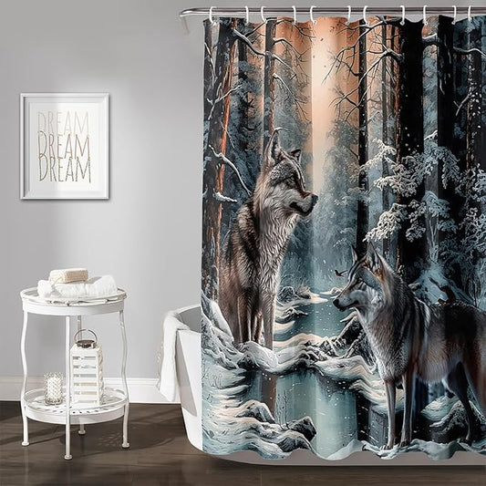 AILONEN Snow Wolf Shower Curtain 36" W*72" H for Boys,Winter Wild Animal Wolf Bathroom Decor,Safari Animal Wolf Printed Bath Curtain Waterproof Bath Curtain with Grommets and 12 Hooks