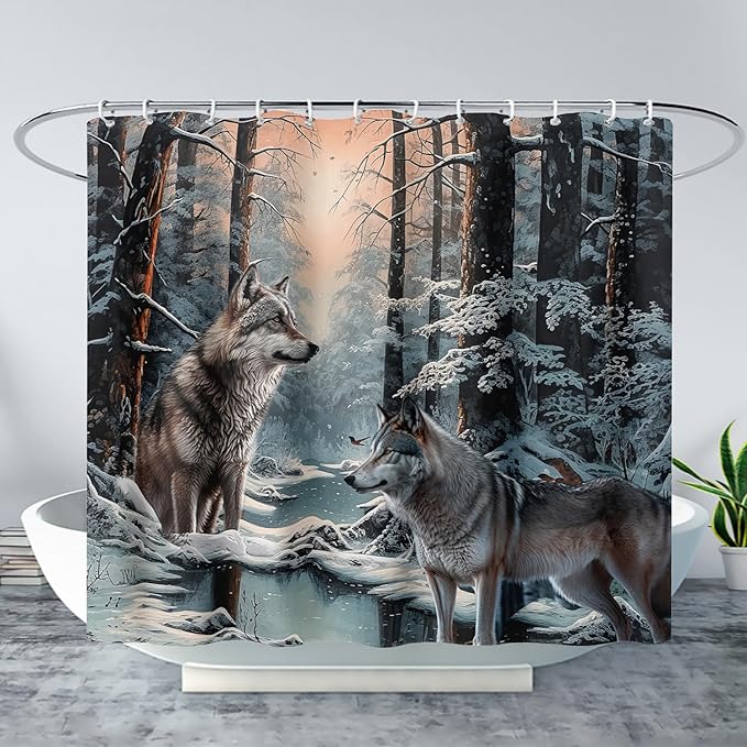 AILONEN Snow Wolf Shower Curtain 48" W*72" H for Boys,Winter Wild Animal Wolf Bathroom Decor,Safari Animal Wolf Printed Bath Curtain Waterproof Bath Curtain with Grommets and 12 Hooks