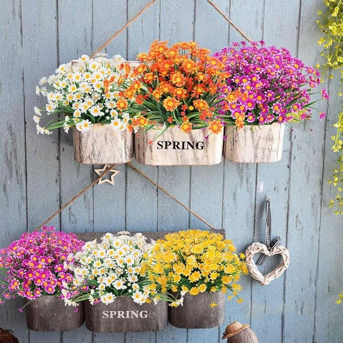 Artificial Daisies Flowers Outdoor UV Resistant 4 Bundles Fake Foliage Greenery Faux Plants Shrubs Plastic Bushes for Window Box Hanging Planter Farmhouse Indoor Outside Decor(Orange Red)
