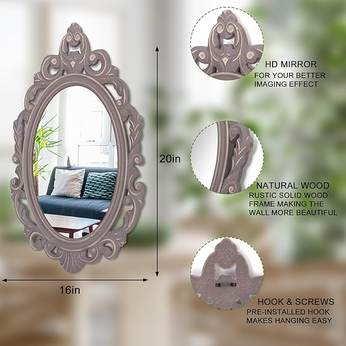 Hanging Wall Mirror Wall Decor Vintage Brown Antique Oval Carved Wood Frame Bathroom Mirror Vanity Rustic Wall Mounted Mirrors Decorative Farmhouse Mirrors for Bedroom Living Room 20"x16"