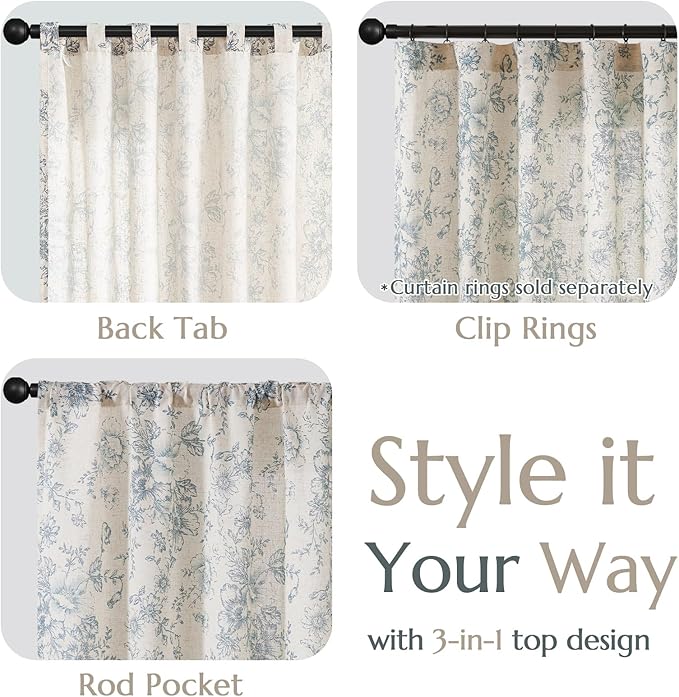 jinchan Linen Blend Curtain Floral Curtains for Living Room 45 Inch Length Blue Printed Curtain Rod Pocket Back Tab Farmhouse Peony Flower Patterned Drapes Bedroom Window Curtains Set 2 Panels