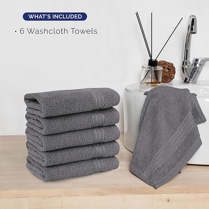 Elegant Comfort Premium Turkish Cotton 6 Pack Washcloths Set - 13 x 13 inch, Luxurious Hotel Spa Quality 100% Turkish Cotton 6PC Washcloth Set - Highly Absorbent - Soft Bathroom Towels, Grey