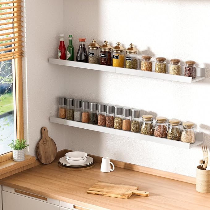 upsimples Floating Shelves for Wall, Wall Shelves for Decor Storage Set of 6, Wall Mounted Wood Shelves for Bedroom, Living Room, Bathroom, Kitchen, Picture Ledge Shelves, White