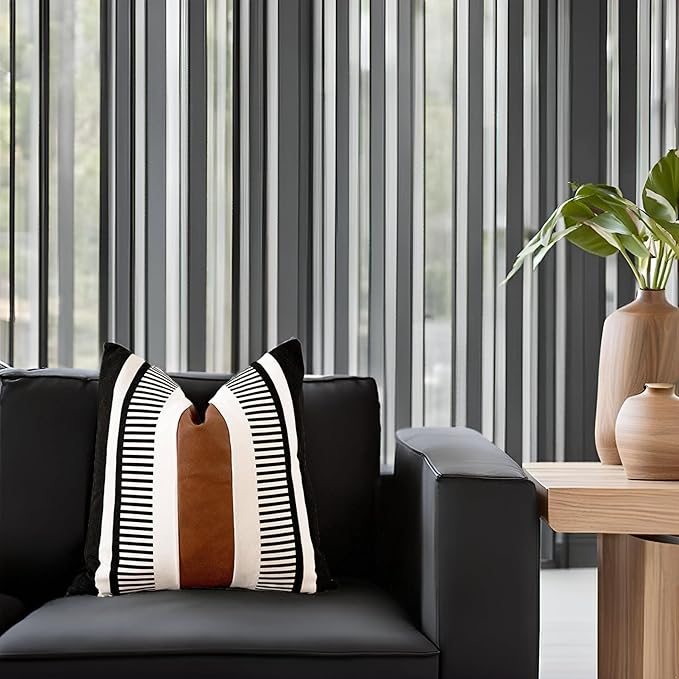 Farmhouse Stripe Throw Pillow Cover 26x26 Large Accent Cushion Cover Black and White Faux Leather Decorative Pillowcase for Sofa Couch Chair Bedroom Modern Decor,Black