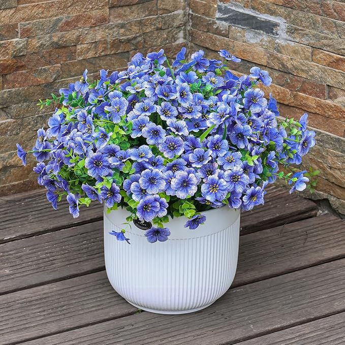 24 Bundles Artificial Flowers for Outdoors Decoration, UV Resistant Silk Violet Faux Colorful Daisy Eucalyptus Spring Fake Plants for Outside Indoor Yard Home Patio Porch Decor, Blue