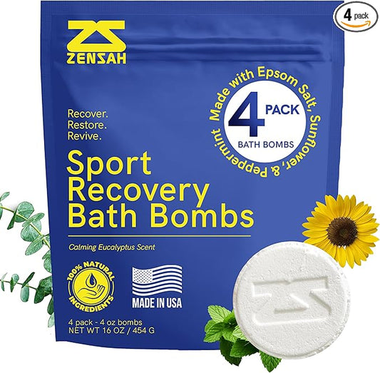 Zensah Sport Recovery Bath Bombs - Magnesium Epsom Salt for Soaking Sore Muscles, Father’s Day Gifts, Made in USA with Essential Oils, Eucalyptus Relaxation for Athletes, Men and Women
