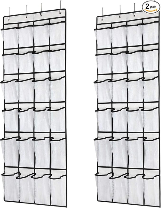 Hanging Shoe Organizer, Over The Door Shoe Organizer with 24 Mesh Large Pockets Door Shoe Rack for Men Women Kids Hanging Door Shoe Holder Size:58x21 Inch (White-2pack)