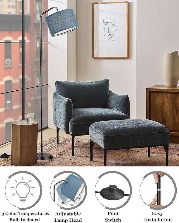 ELYONA LED Floor Lamp with 3 Color Temperatures, Modern Reading Standing lamp with Blue Linen Adjustable Hanging lampshade, Tall Pole Metal Lamp with 9W Bulb for Bedroom, Living Room, Office