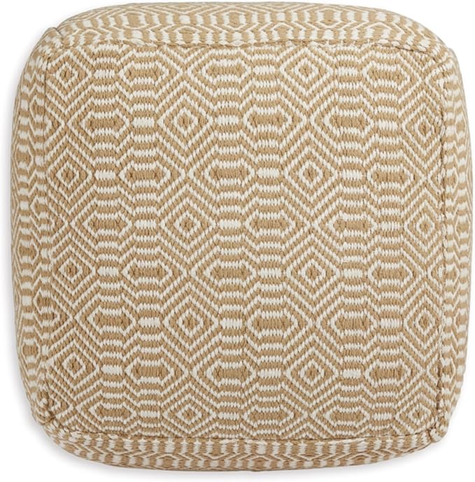 Signature Design by Ashley Adamont Casual Handwoven Geometric Pouf, Beige & White