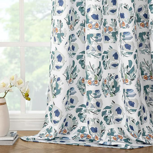 Joydeco Green Floral Curtains 108 Inches Long for Bedroom 2 Panels, Room Darkening Boho Curtains Patterned Panels for Living Room with Grommet, 80% Blackout Botanical Printed Drapes(Hexagon Green-108)
