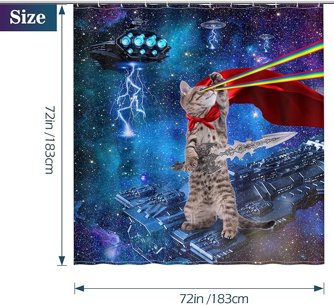 Funny Cat Shower Curtains for Bathroom - Cool Cute Cat on Fantasy Outer Space Galaxy Universe UFO Fun Shower Curtain Set with 12 Hooks for Adults Kids Bathroom Decor Accessories, 72"x72"