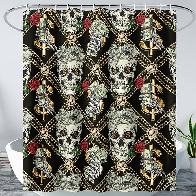 AILONEN Skull Shower Curtain for Boys,Gold Money Skeleton Bath Curtain for Decor,Luxurious Skull Print Shower Curtain with 12 Plastic Hooks,Waterproof 72" W*72" H