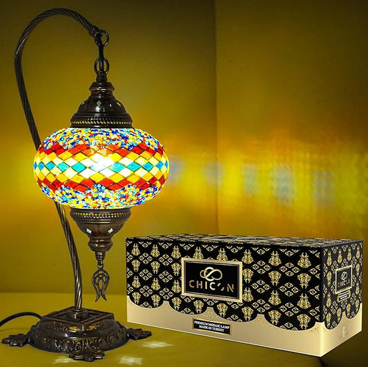CHICON Handmade Mosaic Tiffany Boho Lamp | Genuine Glass Mosaic | A Piece of Art in Unique Moroccan Bohemian Small Table Lamp - SWAN Fire Wave Orange Red