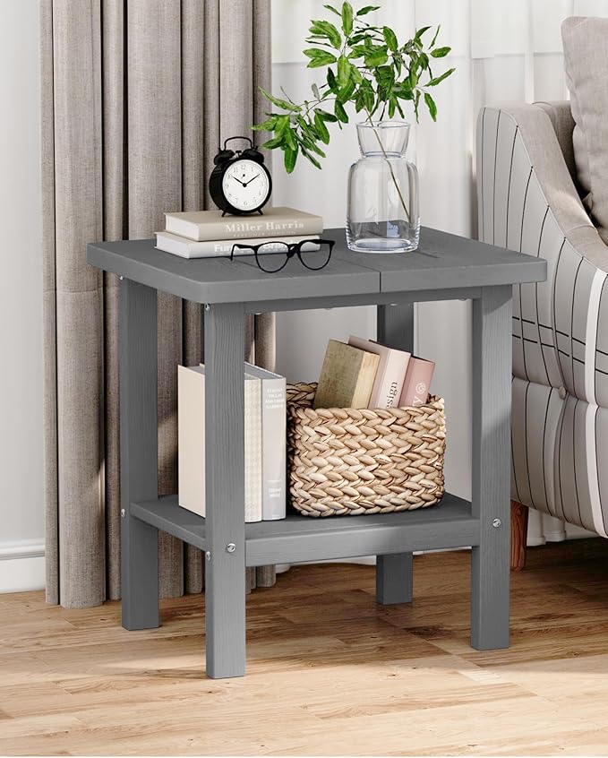 2-Tier Adirondack Square Outdoor Side Table, Pool Composite Patio Table, Weather Resistant End Table for Patio, Backyard, Pool, Easy Maintenance - Gray