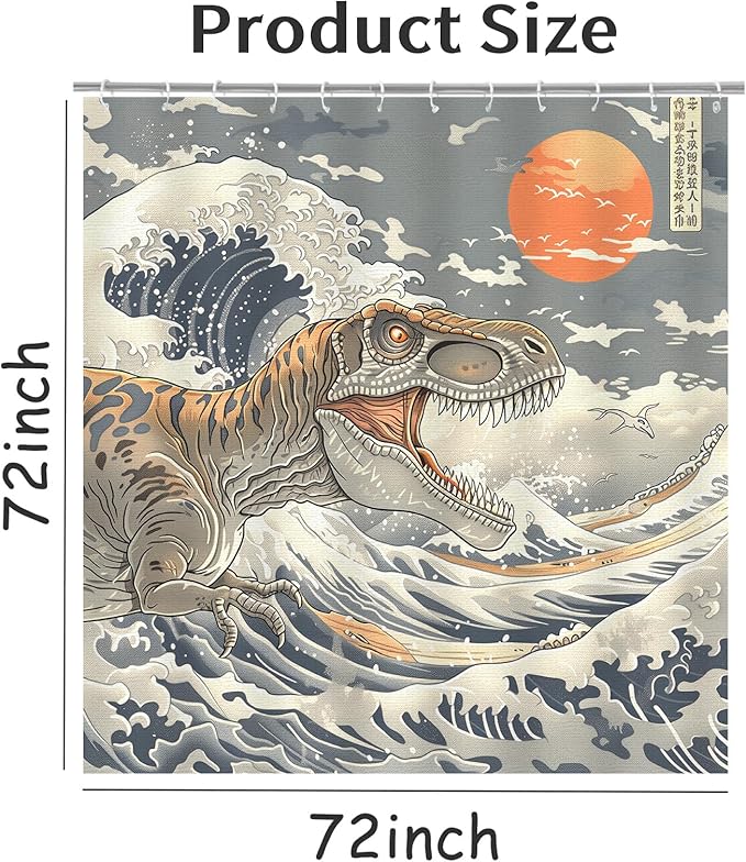 Dinosaur Shower Curtain for Bathroom, Dino Shower Curtain for Kids Boy,Funny Cool Japanese Ocean Wave Dinosaur Polyester Shower Curtain Waterproof Washable Durable 12 Hooks 72"x72" Dinosaur Decor