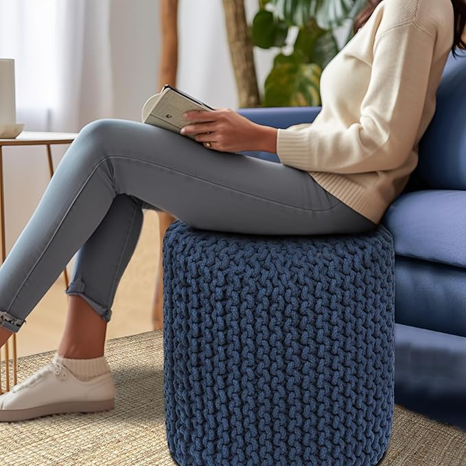 COTTON CRAFT Braided Round Pouf - Hand Knitted Cotton Cord Cable Dori Cylindrical Ottoman - Foot Stool - Floor Pouf - Footrest - Accent Seat - Living Room Bedroom Dorm Décor - 15 Round x 16 H - Blue