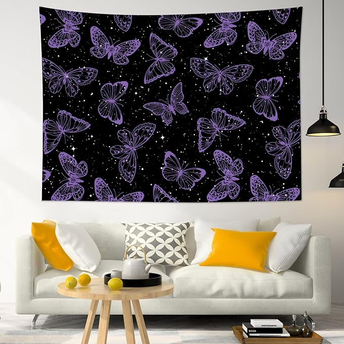 HVEST Purple Butterfly Wall Hanging - Galaxy Space Tapestry for Bedroom, Kids Room, Living Room - 60L x 80W inches