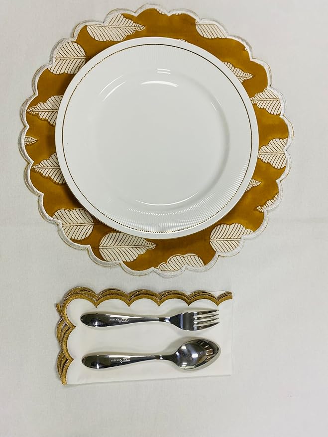 Ridhi Yellow Leaves Bo-ho Round Place Mat Double Layer Floral Cotton Washable Placemats 15" Round Embroidery Block Print Table Mat Pack of 4-15 Inch Round