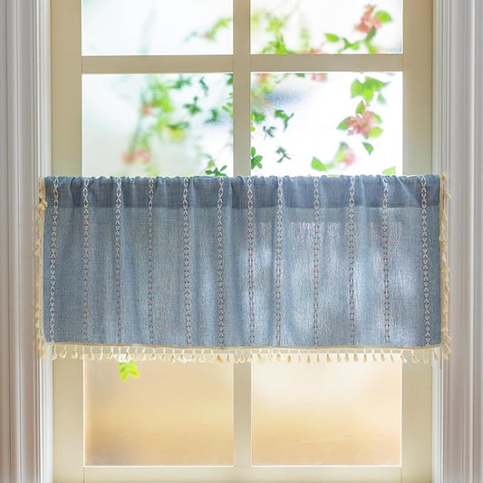 Sutuo Home Boho Farmhouse Curtains Valance 18 Inches Long for Kitchen Windows, Bohemian Short Curtains Light Filtering Vintage Tassels Long Embroidery Stripes, Rod Pocket 1 Panel 52" W x 18" L, Blue