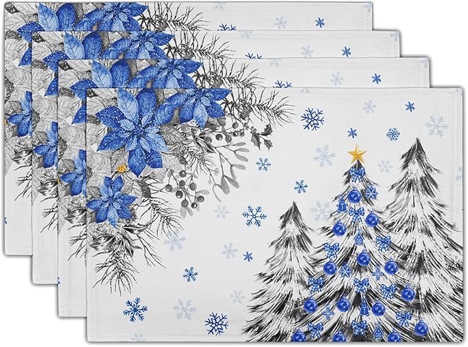 Giwawa Christmas Placemats Set of 4 Blue Grey Xmas Trees Balls Linen Place Mat 12"x18" Winter Poinsettia Floral Snowflakes Stain Resistant Table Mats for Kitchen Dining Holiday Party Decor