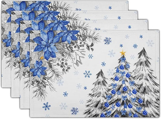 Giwawa Christmas Placemats Set of 4 Blue Grey Xmas Trees Balls Linen Place Mat 12"x18" Winter Poinsettia Floral Snowflakes Stain Resistant Table Mats for Kitchen Dining Holiday Party Decor