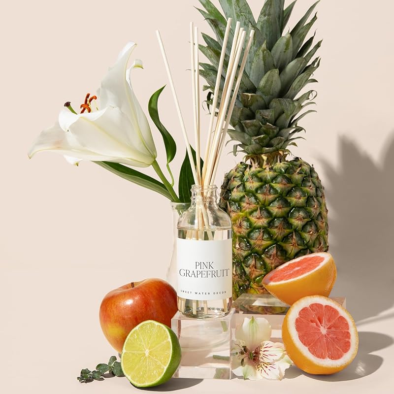 Sweet Water Decor Pink Grapefruit Clear Reed Diffuser – Room Decor Aesthetic with Long-Lasting Premium Fragrance of Grapefruit, Orange, Strawberry, Jasmine & Cedar for 4 Months – Ideal for Home Décor