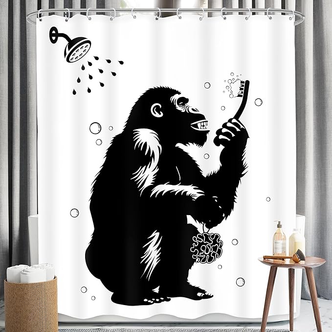 LGhtyro Funny Monkey Shower Curtain Bathroom Set 60Wx71H Inches Black White Animal Chimpanzee Bathing Wildlife Hilarious Modern Cool Bath Accessories for Boys Men Art Home Decor Fabric 12 Pack Hooks