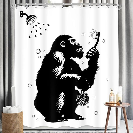 LGhtyro Funny Monkey Shower Curtain Bathroom Set 60Wx71H Inches Black White Animal Chimpanzee Bathing Wildlife Hilarious Modern Cool Bath Accessories for Boys Men Art Home Decor Fabric 12 Pack Hooks