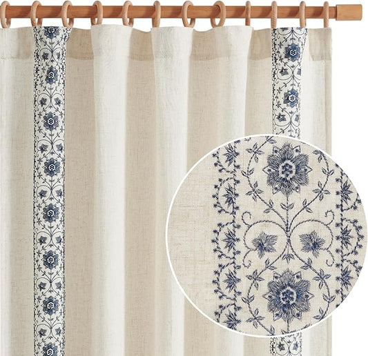jinchan Boho Curtains for Bedroom Blue Vintage Floral Farmhouse Curtains 72 Inches Long Linen Blend Drapes for Living Room Embroidered Drapes Light Filtering Rod Pocket Blue on Beige 2 Panels