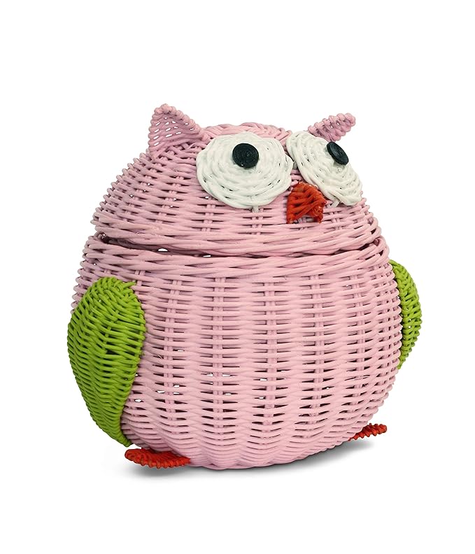 Owl Rattan Storage Basket With Lid Decorative Bin Home Decor Hand Woven Shelf Organizer Cute Handmade Handcrafted Nursery Gift Animal Art Decoration Artwork Wicker Hoot Owl (Large, Pink)