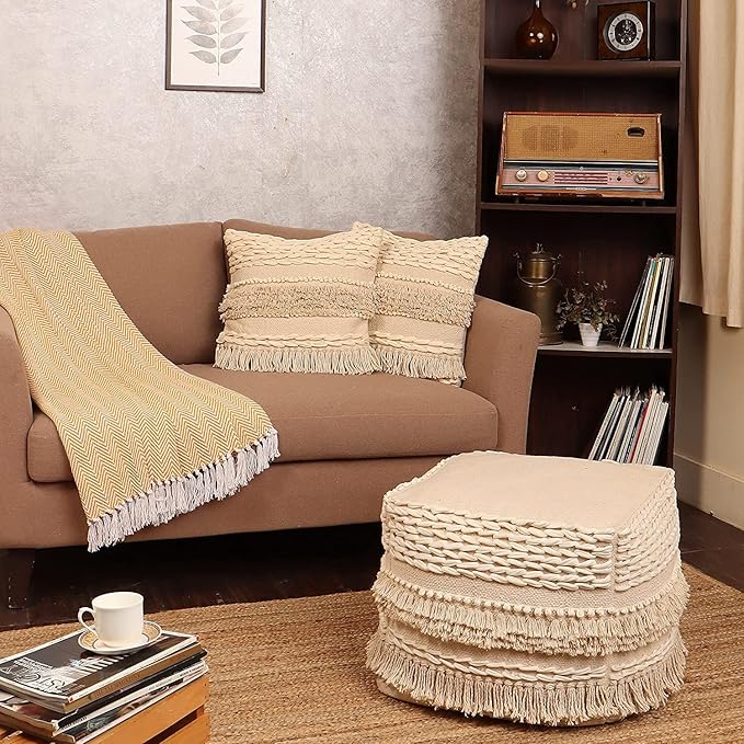 REDEARTH · Tufted Throw Pillow Cushion Covers - Boho Textured Woven Decorative Cases Set for Couch - Sofa - Bed - Farmhouse - Chair - Patio - Outdoor - car - 100% Cotton (18x18 ; Natural) Pack of 2