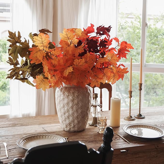MISSPIN Artificial Fall Maple Leaves Stems, 8 PCS Fall Decorations for Indoor Outdoor Halloween Thanksgiving Farmhouse Arrangement Decorations for Front Door Wedding Centerpieces in Autumn