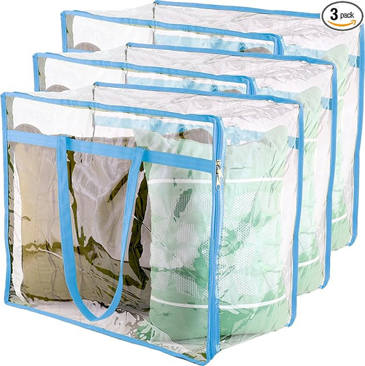 Clear Vinyl Zippered Storage Bags (3-Pack) 40L Sturdy Storage Bags for Sweaters, Blankets, Comforters, Bedding Sets and Much More! (Light Blue, 18x15x9)