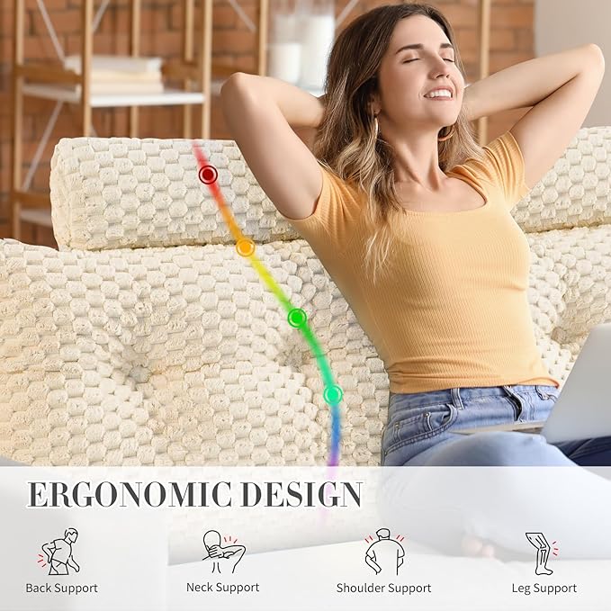 Wedge Headboard Pillow - Bed Wedge Pillow for Headboard Triangular Headboard Pillow with Neck Roll Pillow-Large Bolster Pillow for Sitting in Bed Backrest Positioning Support (Beige,59x8x20 Inches)