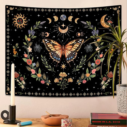 Lunerfex Boho Butterfly Tapestry Flower Moon Wall Tapestry, Moon Phases Tapestries for Bedroom Cute Tapestries Wall Hanging for Bedroom Living Room Wall Decor Butterfly-1 70"x90"