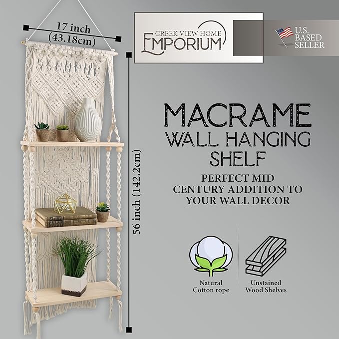 Hanging Plant Shelf Indoor Boho Decor - 3 Tier Macrame Shelf Wall Hanging Decor - Rope Boho Wall Art Wooden Floating Bookshelf for Kitchen, Bathroom or Bedroom