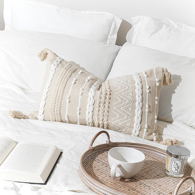 Decorative Lumbar Pillow Cover 14x24, Cream White Boho Accent Throw Pillow Case for Couch Sofa Bed, Modern Farmhouse Textured Lumbar Cushion Bedroom Living Room, Cover ONLY