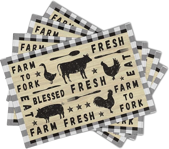 Farm Animal Cow Table Mat Set of 4，Farmhouse Chicken Decor Buffalo Plaid Rectangular Linen Placemats with Non-Slip Kitchen Table Decor 12x18 Inch for Party Kitchen Dining