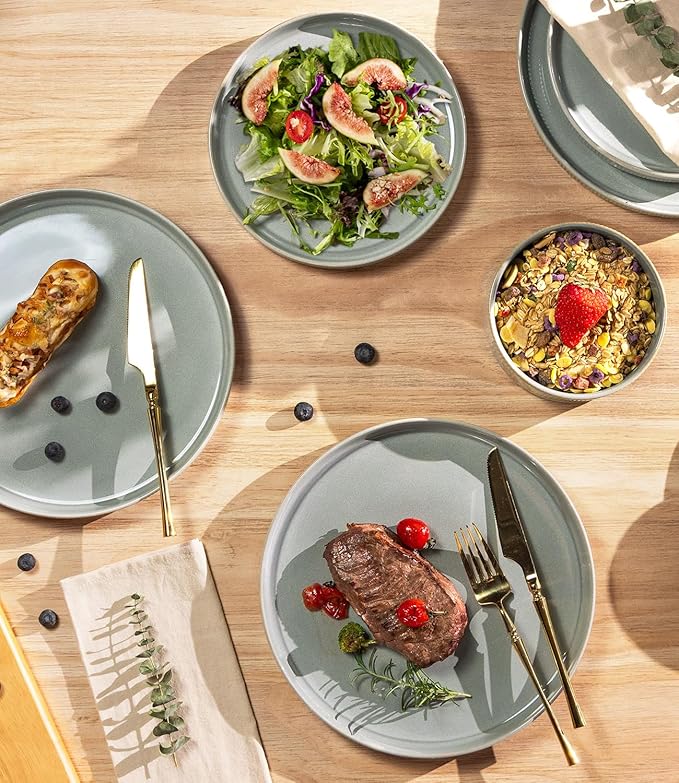 TheTerra Ceramic Dinnerware Sets for 4, 12 Pieces Porcelain Lightweight Plates and Bowls Sets, Scratch Resistant Dish Set, Oven & Microwave & Dishwasher Safe, Desert Sage