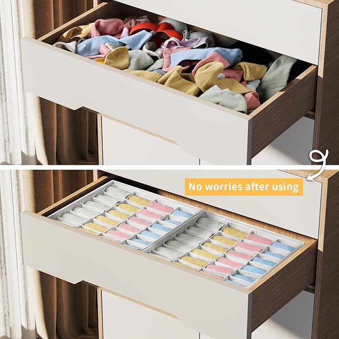 Joyoldelf Sock Organizer Drawer Organizer - 2 Packs Underwear Organizer, 48 Cells Collapsible Closet Organizers and Storage Sock Holders Organizers for Storing Socks, Ties, Belts(White)